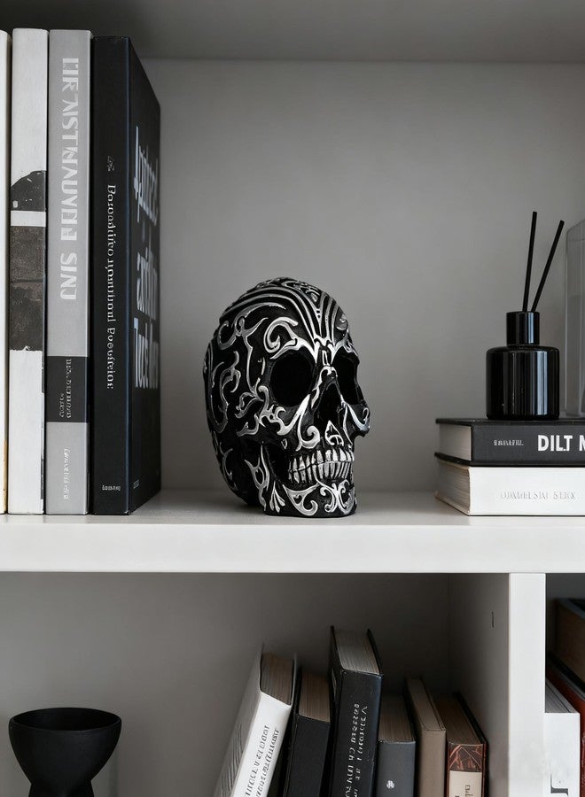 CHDL Realistic Resin Skull Head - 5.2 Inch Gothic Skeleton Skull Decor with Silver Patterns, Halloween Skull Decoration for Home, Office Desk, and Spooky Party Decor - Image 5